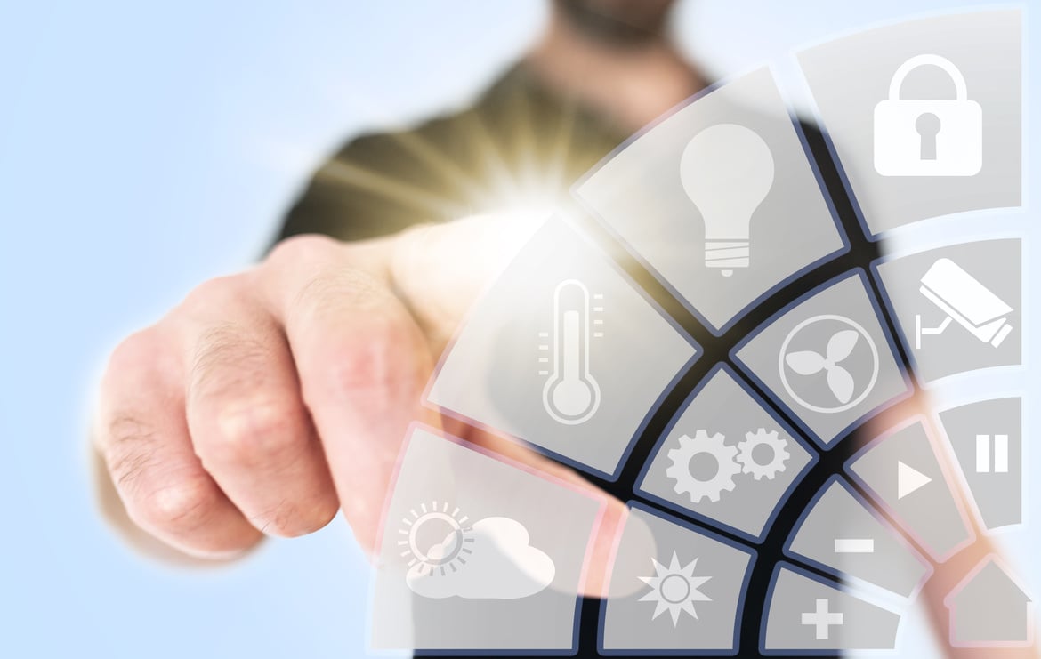 close-up of man using translucent smart home automation interface